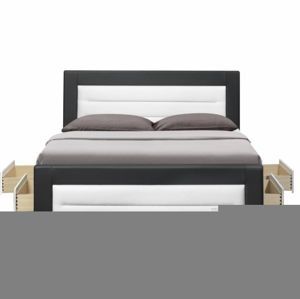 TEMPO KONDELA Manželská posteľ s roštom a šuplíkmi, ekokoža čierna/biela, 160x200, NAZUKA